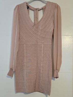 bebe Blush Pink V-Neck Long Sleeve Bandage Dress